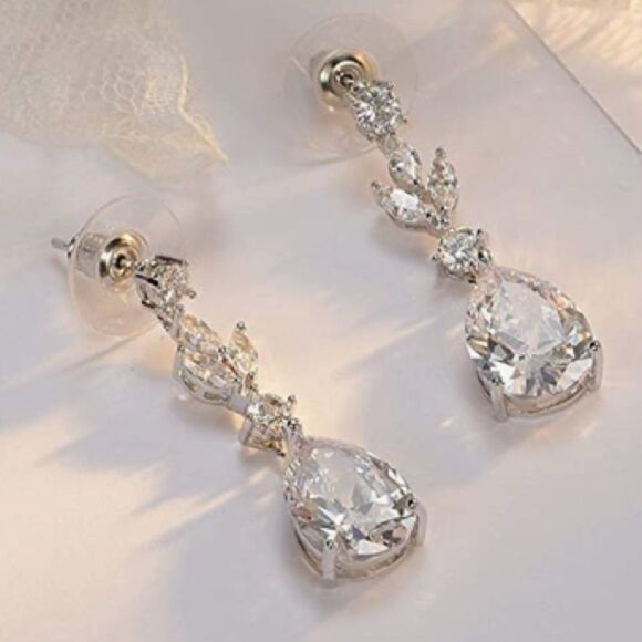 Silver Flower Rhinestone Teardrop Bridal Earrings - Picture 1 of 7